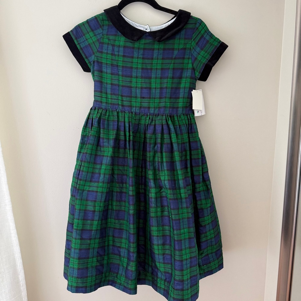 Girls' Green & Navy Plaid Formal Dress with Black Peter Pan Collar